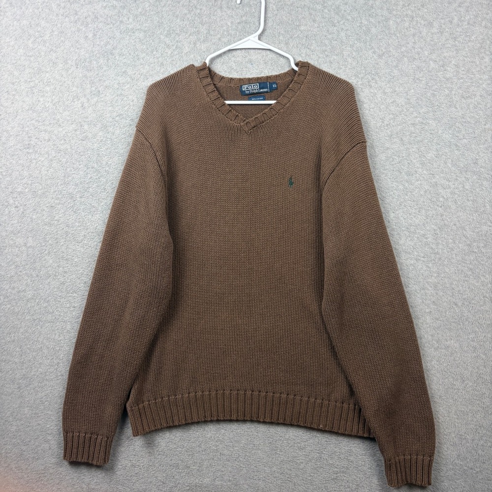 Vintage Polo Ralph Lauren Sweater Mens XL Brown V Neck Heavy Knit Pullover 90s